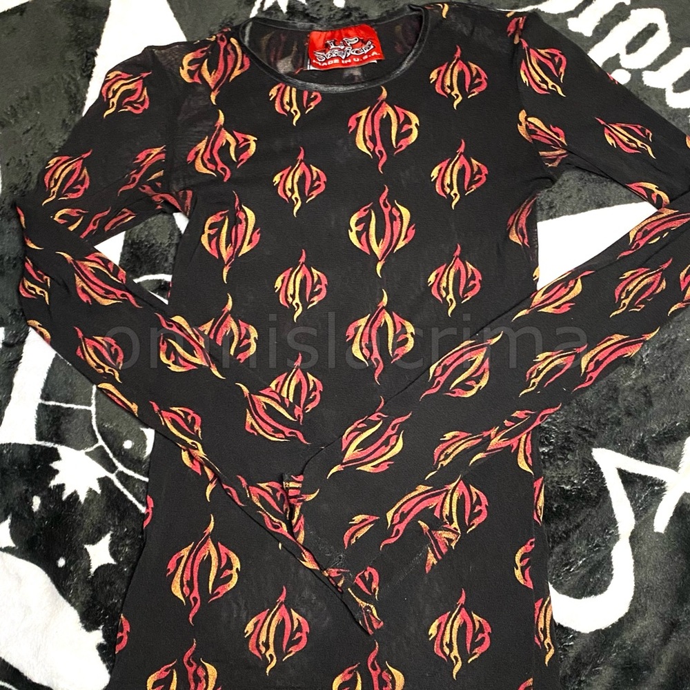(SOLD) Vintage 1990s Y2K Lip Service EVIL Flame Mesh Long Sleeve Shirt